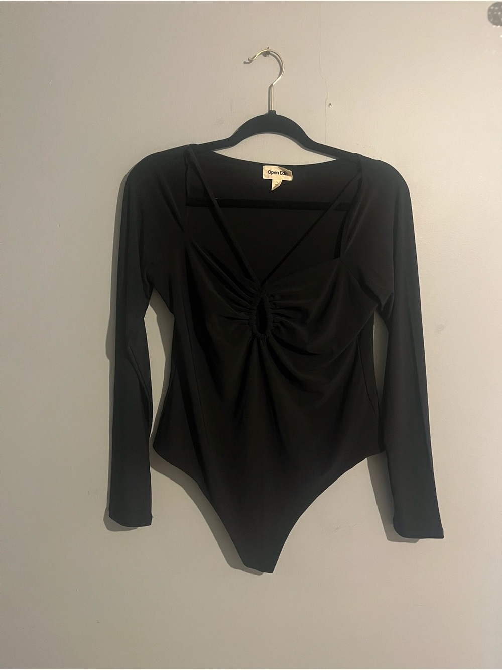 Open Edit Black Long-Sleeve thong bodysuit size large going out cutout